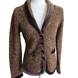 Anthropologie HWR Velvet Trim‎ Boucle Cardigan Blazer Women M Brown Wool Blend